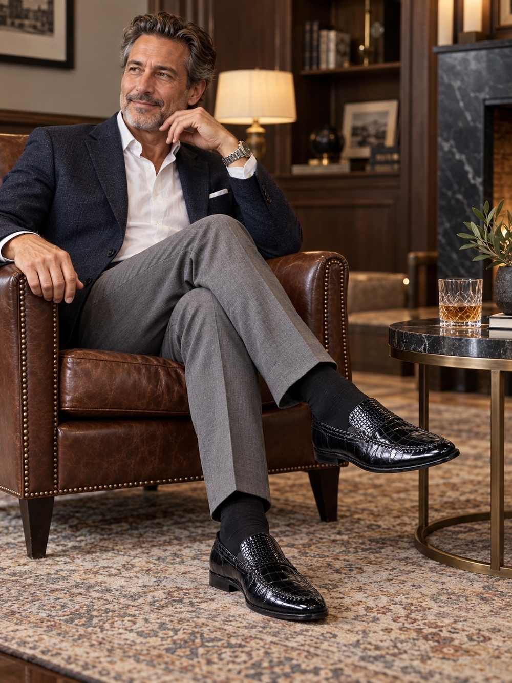 Stacy Adams Black Croc-Embossed Leather Slip-On Loafers